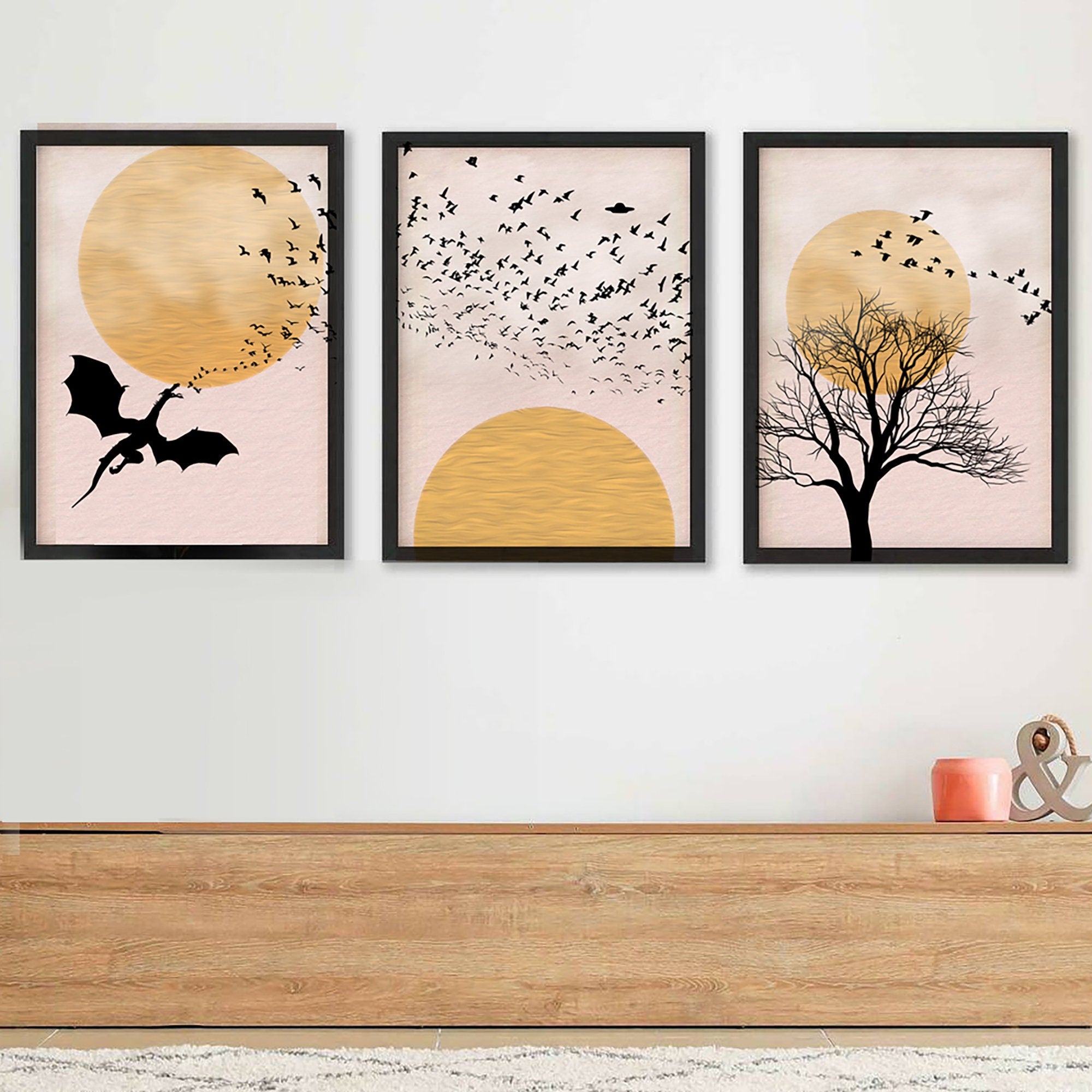Set of 3 Prints Moon Sun Dusk Dawn Bird Dragon Alien Santa Print Poster Art Decor (Mix and match any 3) Christmas Xmas Gift Present