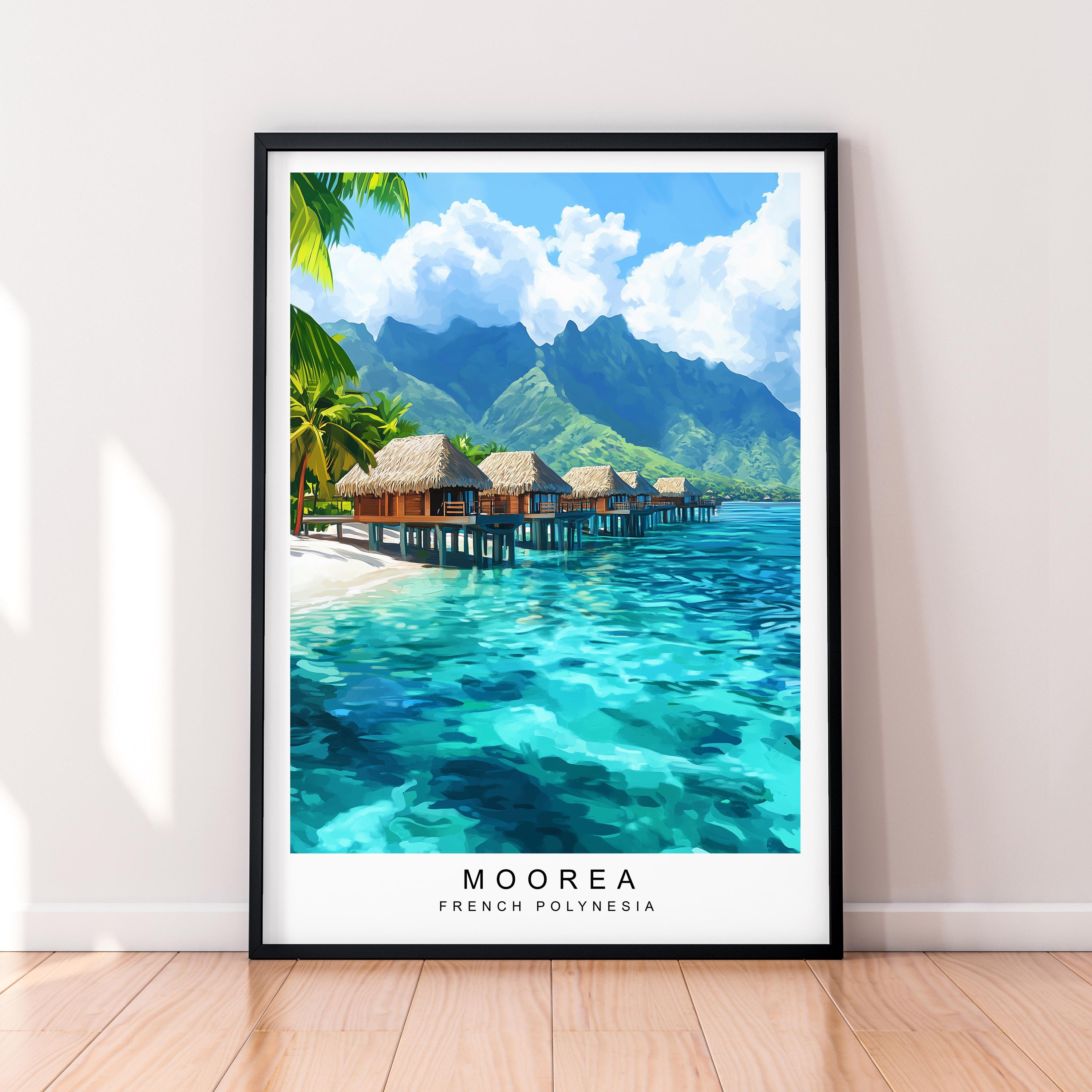 Moorea French Polynesia Night Huts Travel Print Art Moorea French Polynesia Poster Wall Art Gift Unframed Print