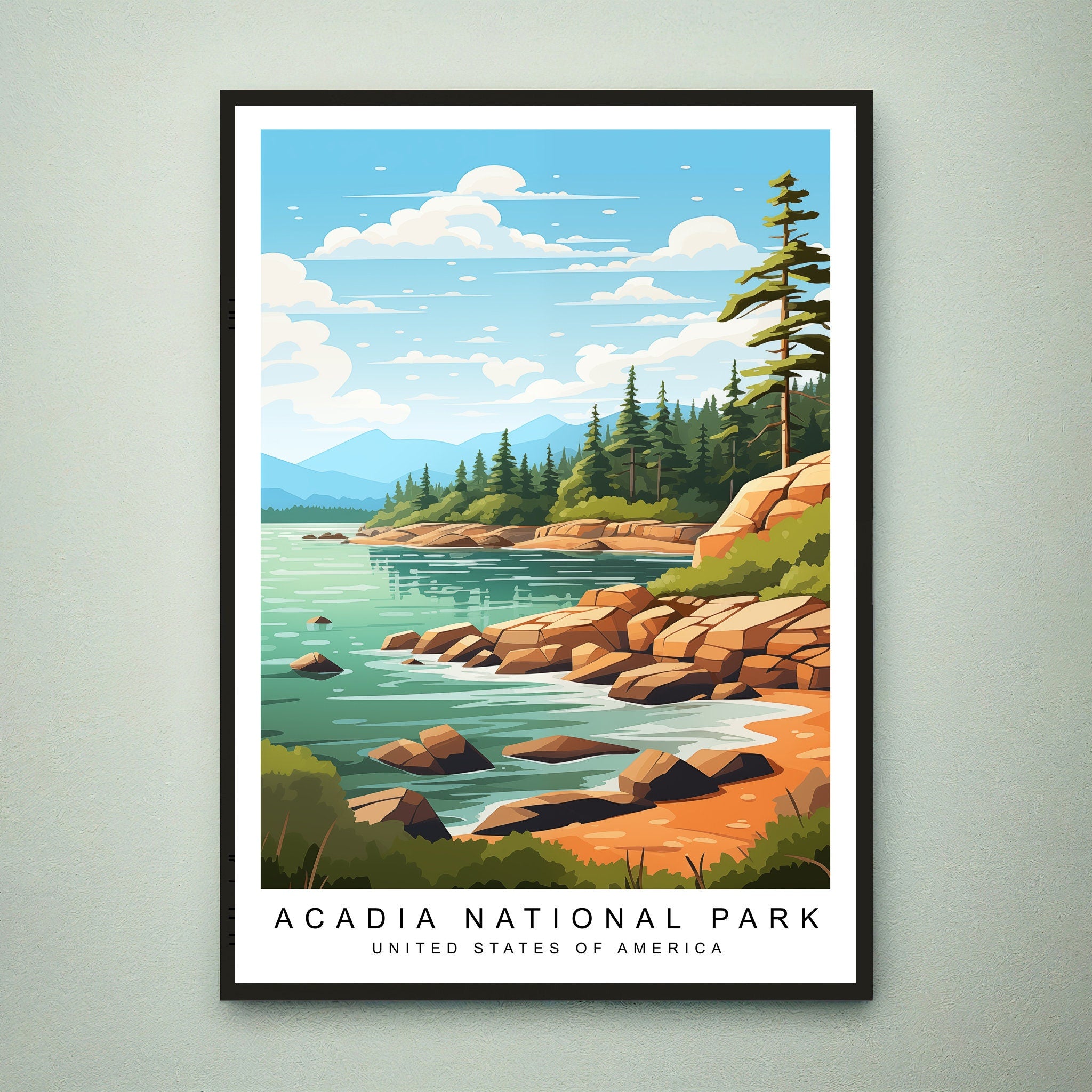 Acadia National Park Illustration Print Acadia National Park  in Maine Travel Poster Gift Unframed Print