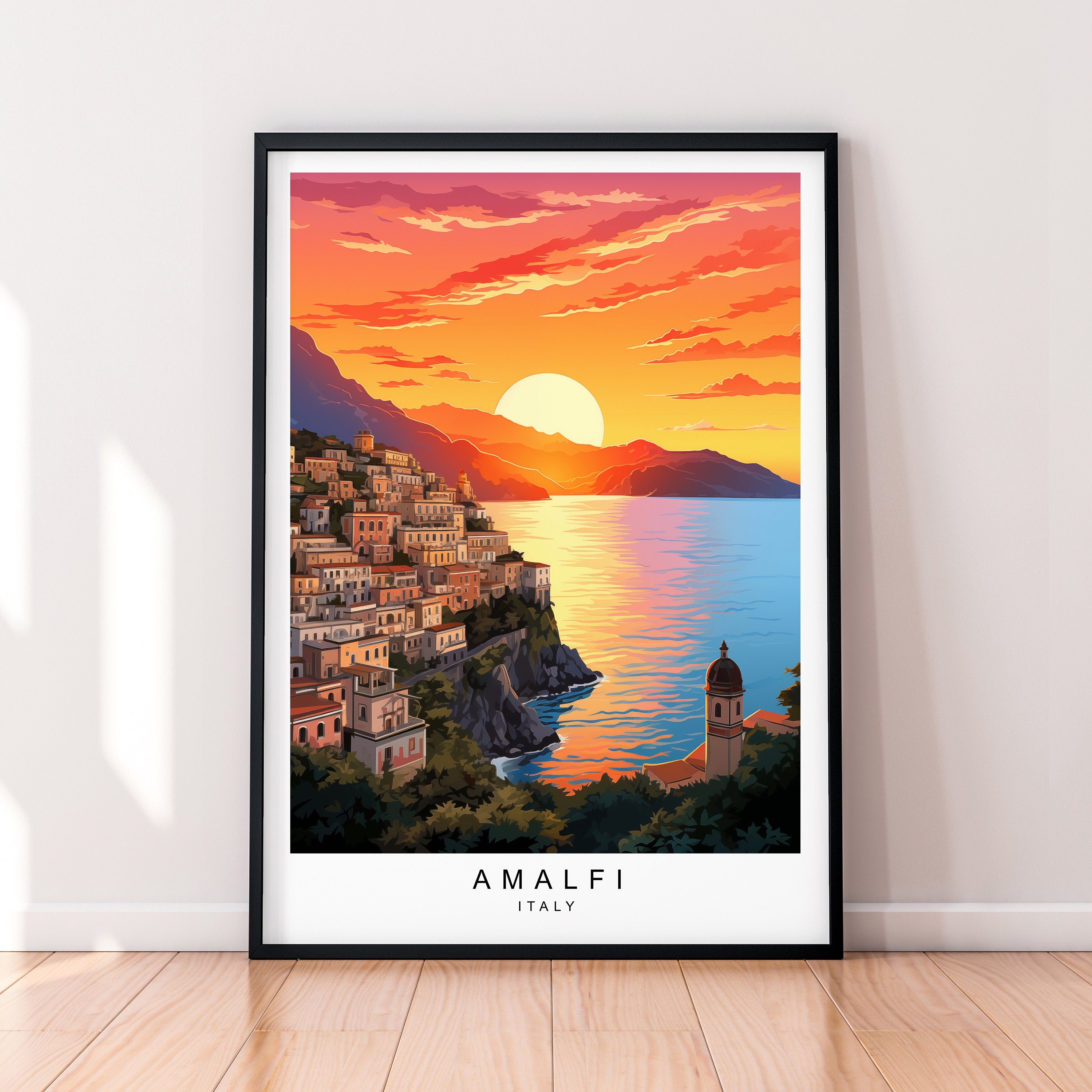 Amalfi Sunset Wall art Illustration Print Amalfi Coast Italy Travel Poster Gift Unframed Print