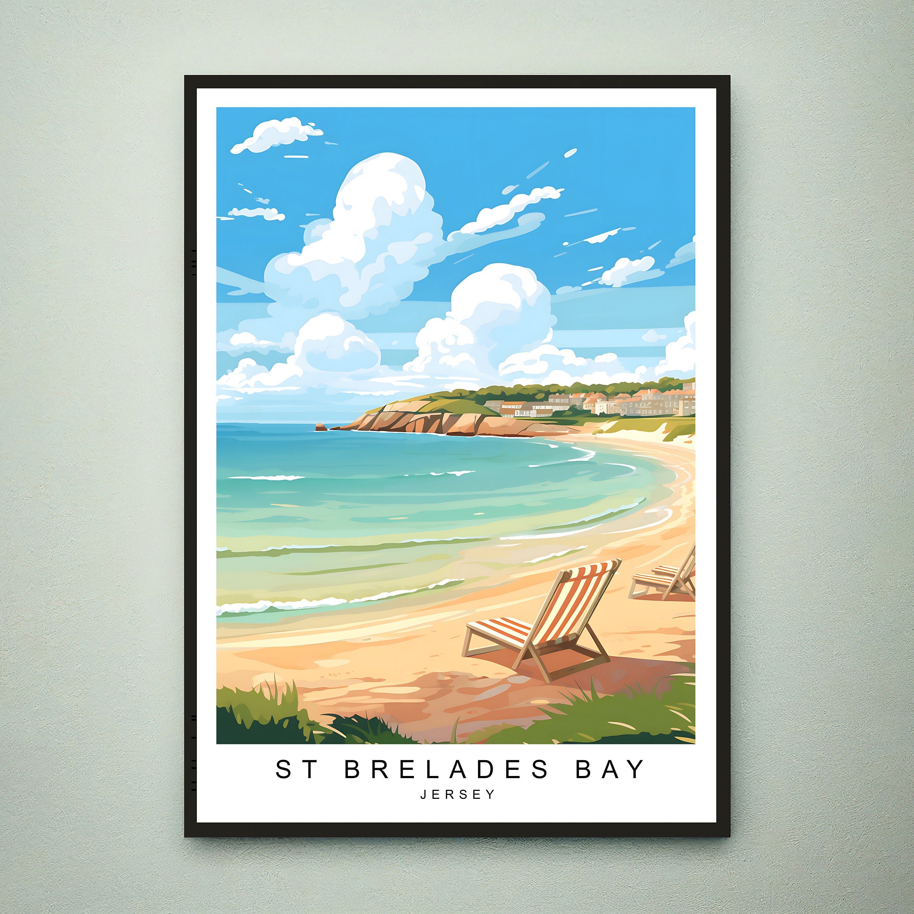 St Brelades Bay Illustration Print St Brelades Beach Bay Jersey Island Travel Poster Gift Unframed Print
