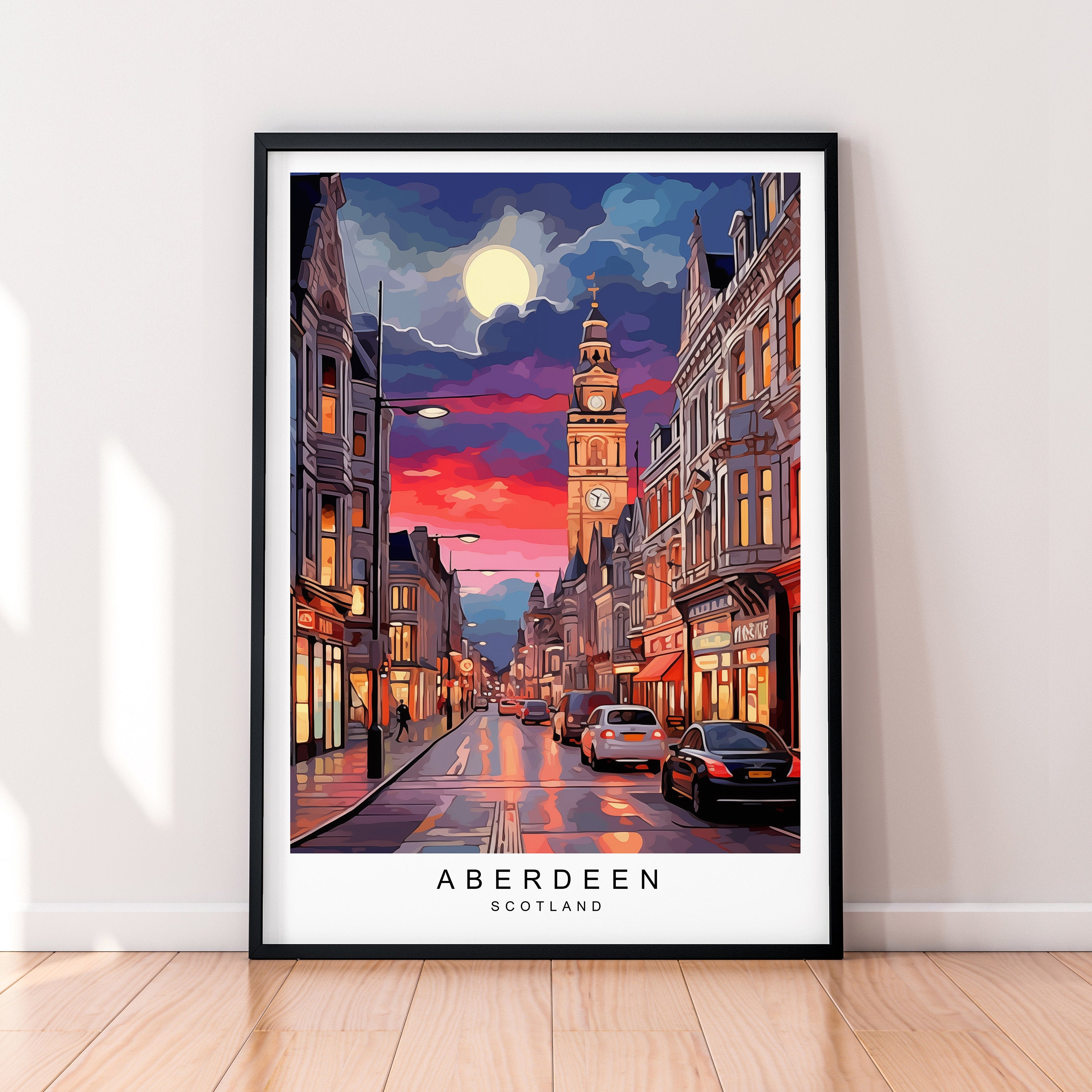 Aberdeen Night Illustration Print Aberdeen Scotland Travel Poster Gift Unframed Print