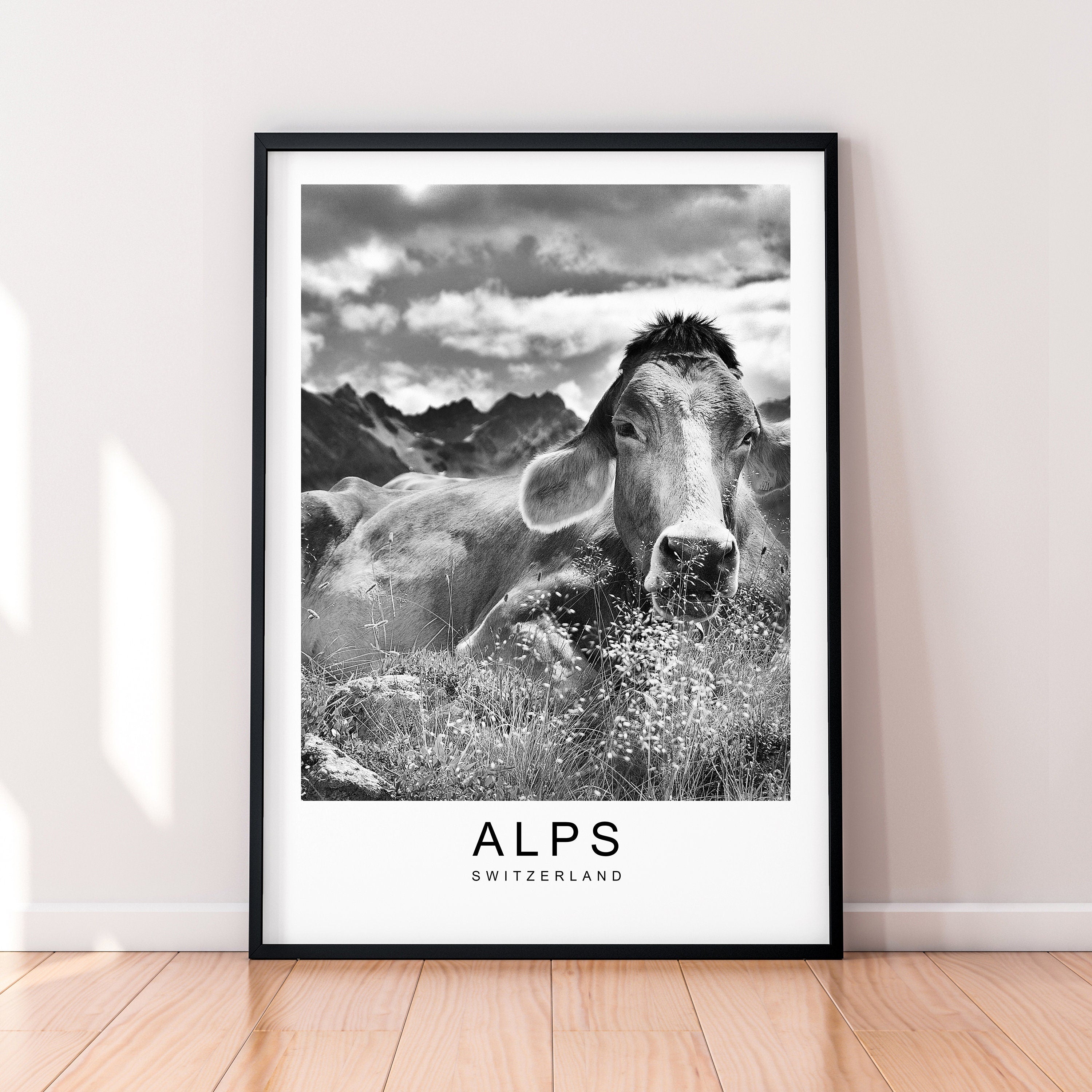Alps Swiss Cows Hills Mountains Print Travel Poster Minimalist Home Travel Mountain Poster Wall Decor
