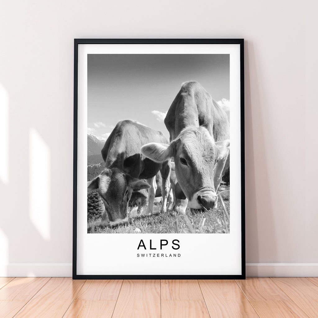 Alps Swiss Cows Hills Mountains Print Travel Poster Minimalist Home Travel Mountain Poster Wall Decor