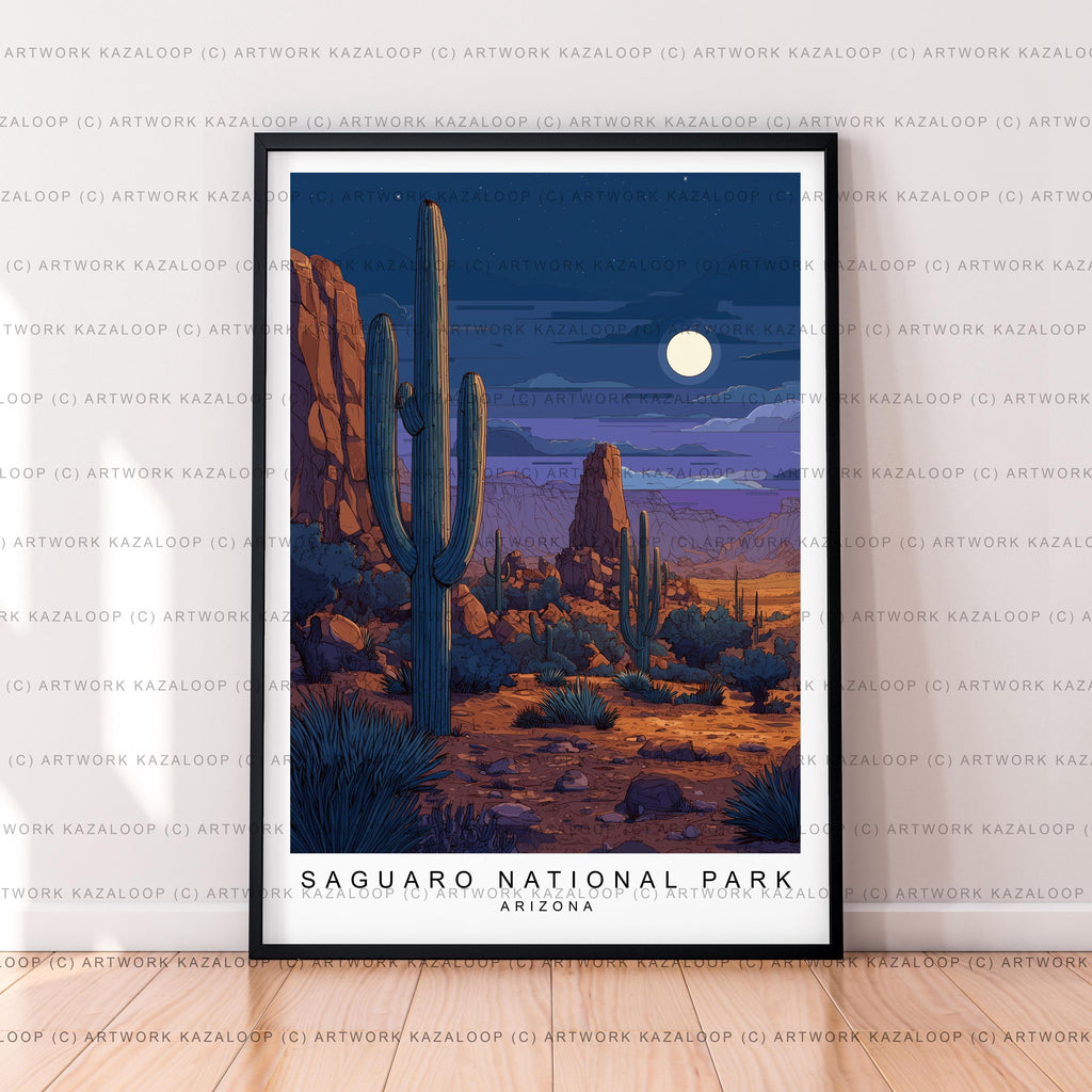 Saguaro National Park Arizona Unframed Illustration Print Poster Night Desert Saguaro Cactus Mountains Scenic Wall Decor Nature Saguaro