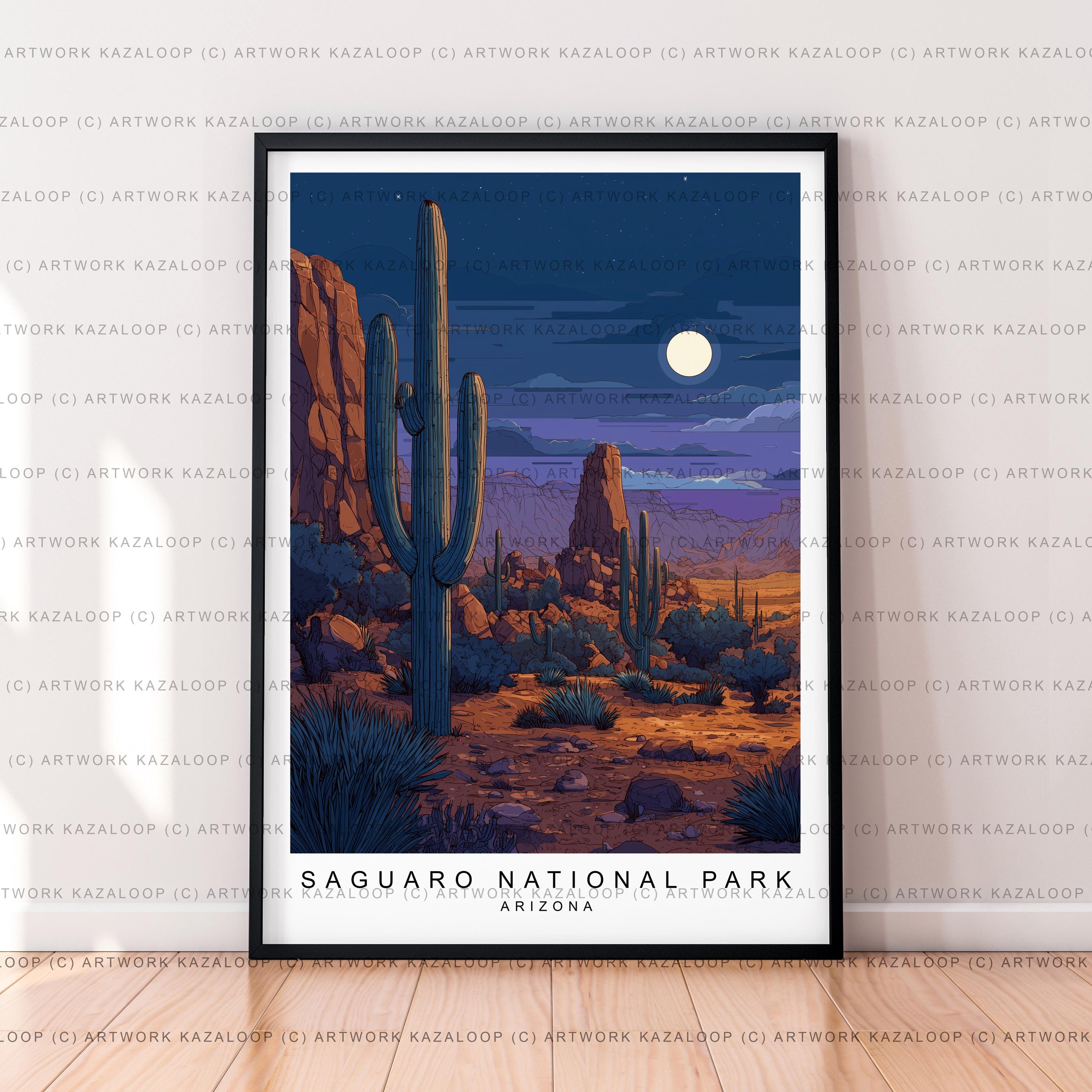 Saguaro National Park Arizona Unframed Illustration Print Poster Night Desert Saguaro Cactus Mountains Scenic Wall Decor Nature Saguaro