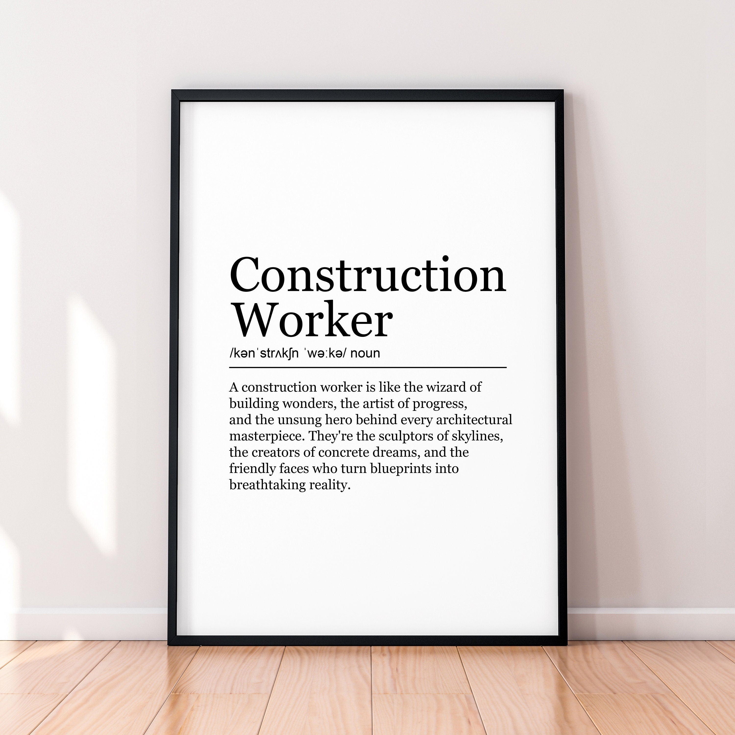 Construction Worker Fun Print Definition Poster Wall Art Construction Worker Meaning Minimalist Gift Print