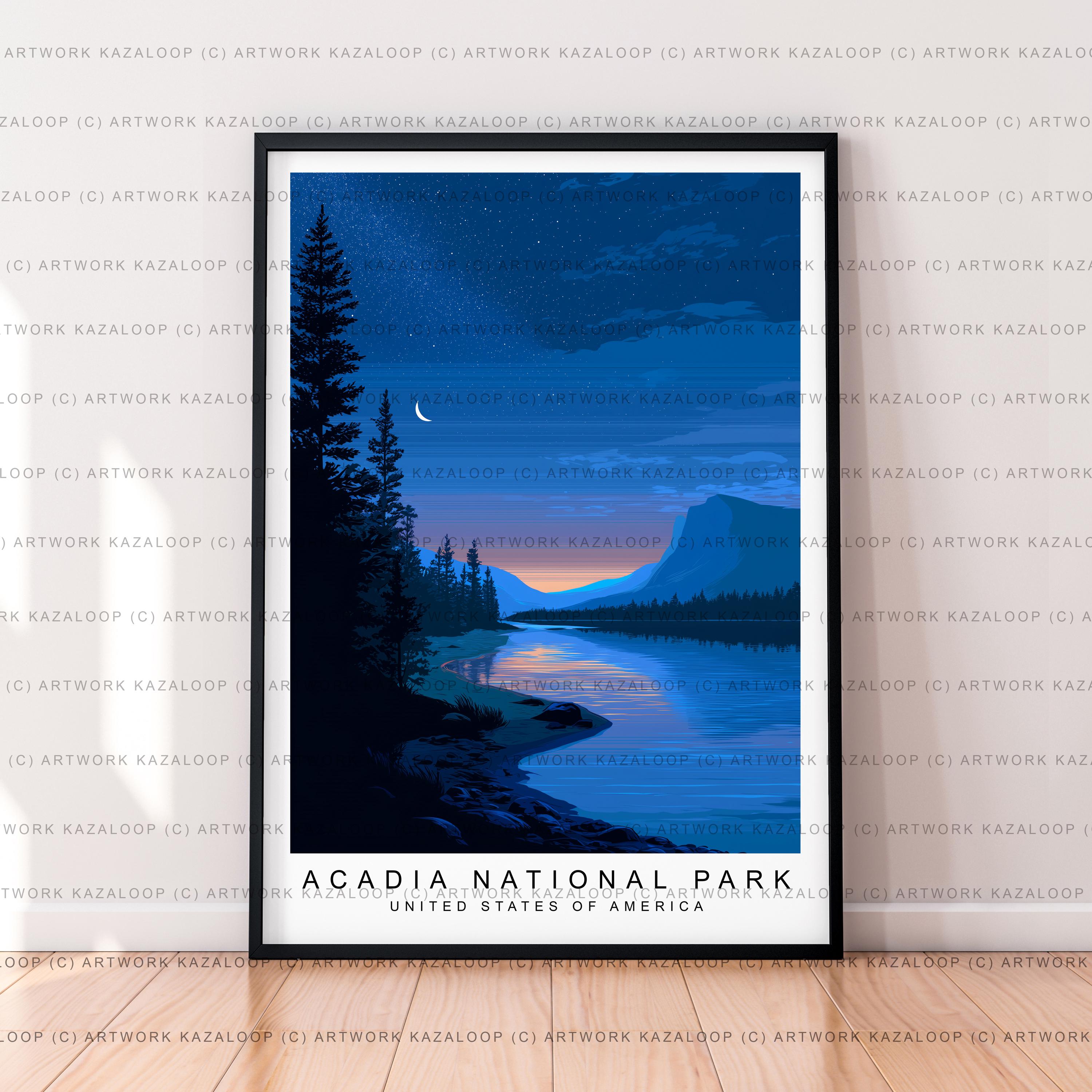 Acadia National Park Unframed Illustration Scenic Night Landscape Wall Art