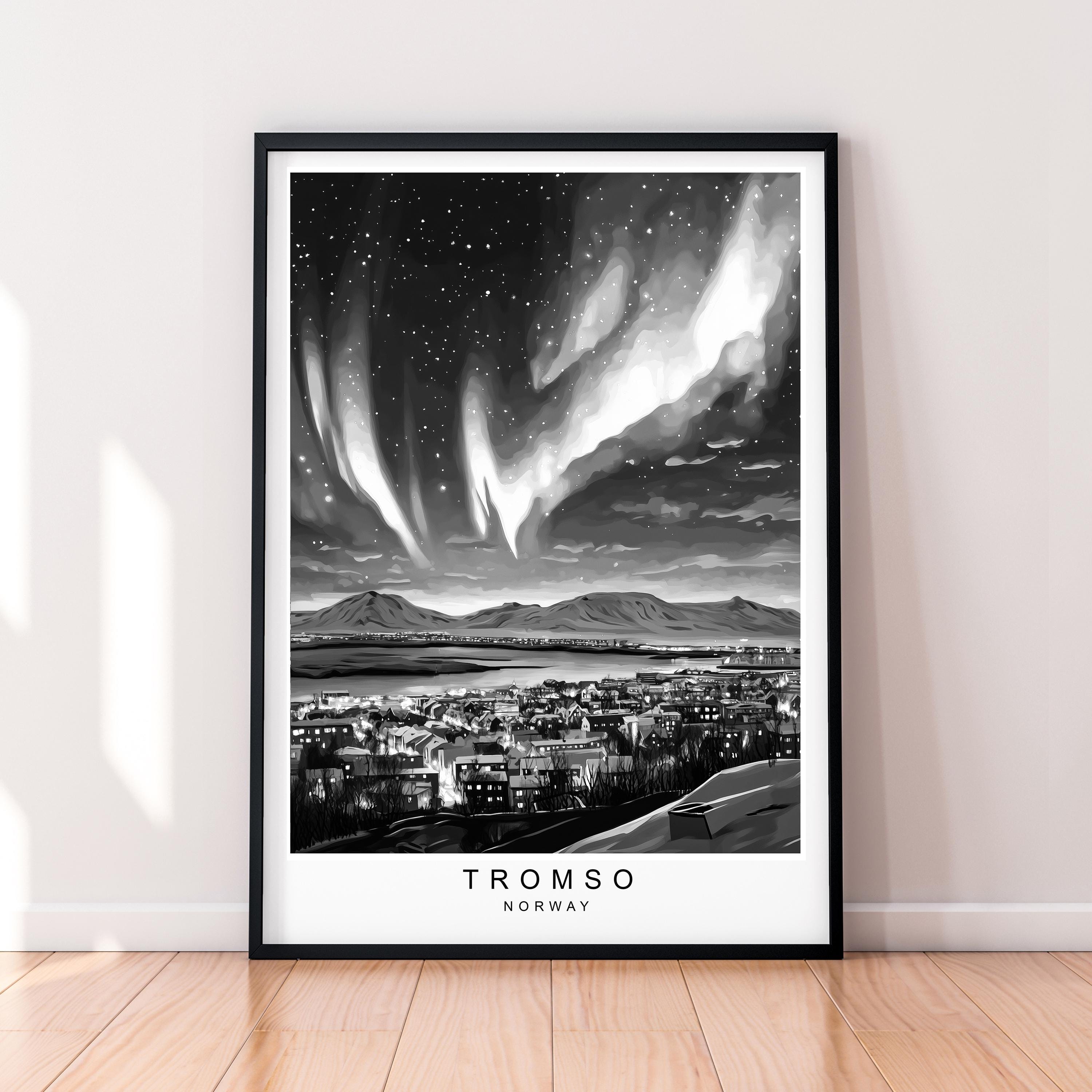 Tromsø Greyscale Illustration Black And White Norway Northern Lights Print Unframed Tromso