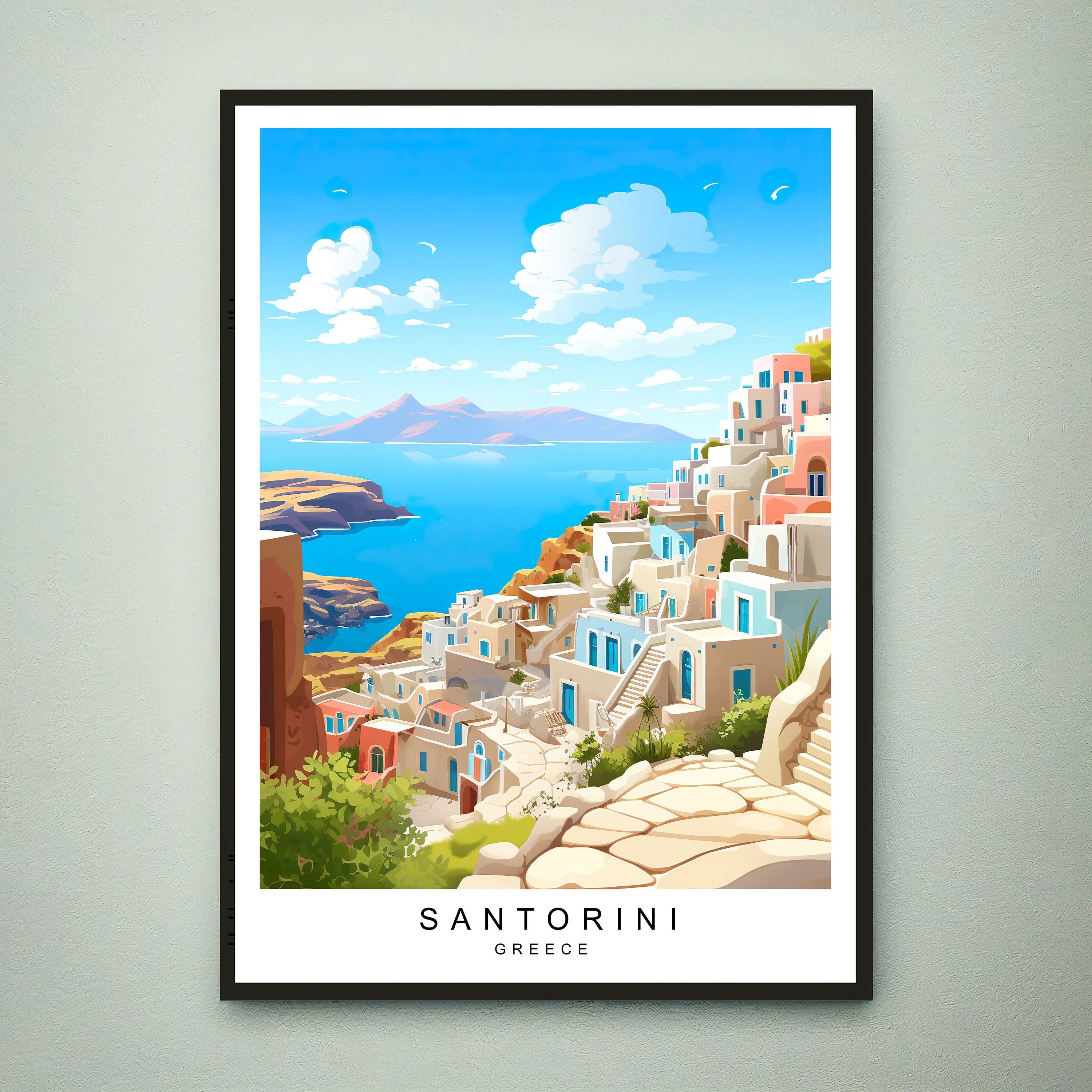 Santorini Illustration Print Santorini Island Travel Poster Gift Unframed Print