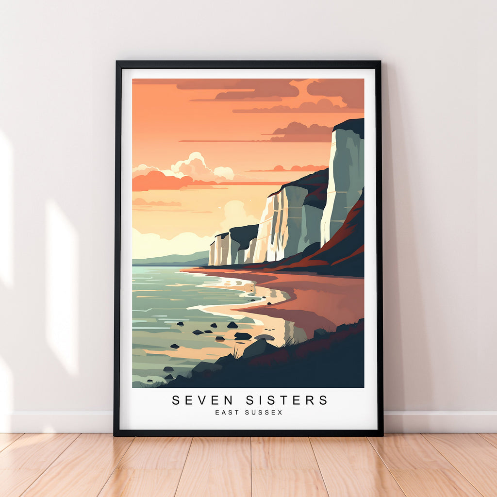 Seven Sisters Illustration Print Seven Sisters White Cliffs Sunset England Travel Poster Gift Unframed Print