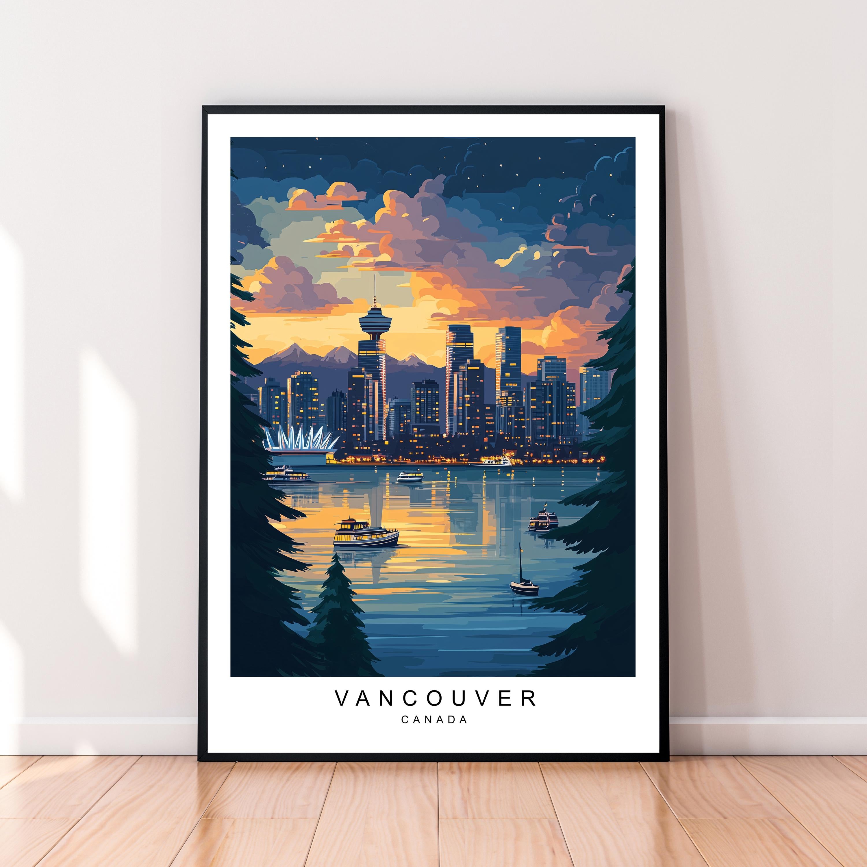 Vancouver Dawn Night Illustration Print Vancouver Canada Travel Poster Gift Unframed Print