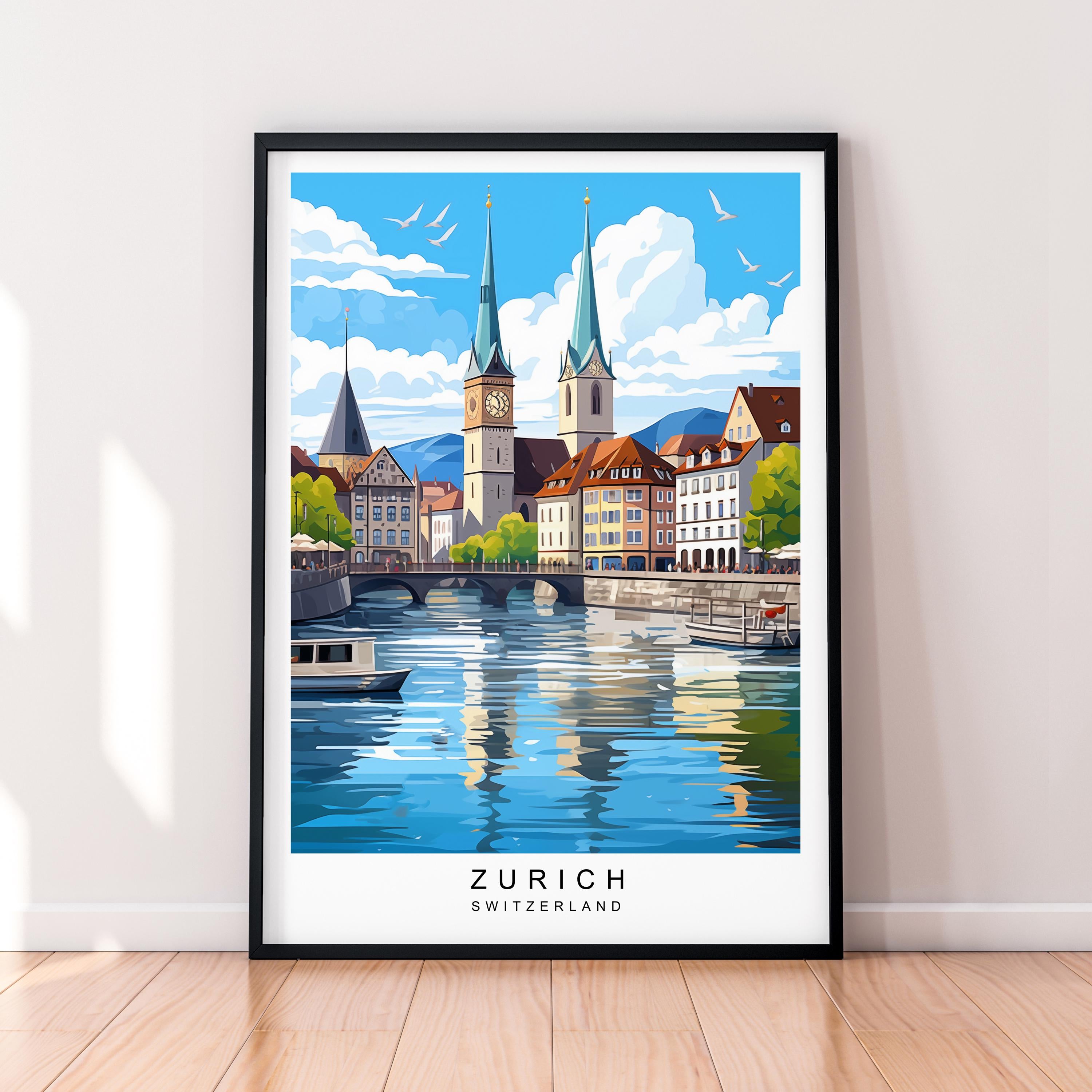 Zurich Switzerland Art Print Zürich Illustrated Cityscape Switzerland Poster Wall Art Gift Unframed Print