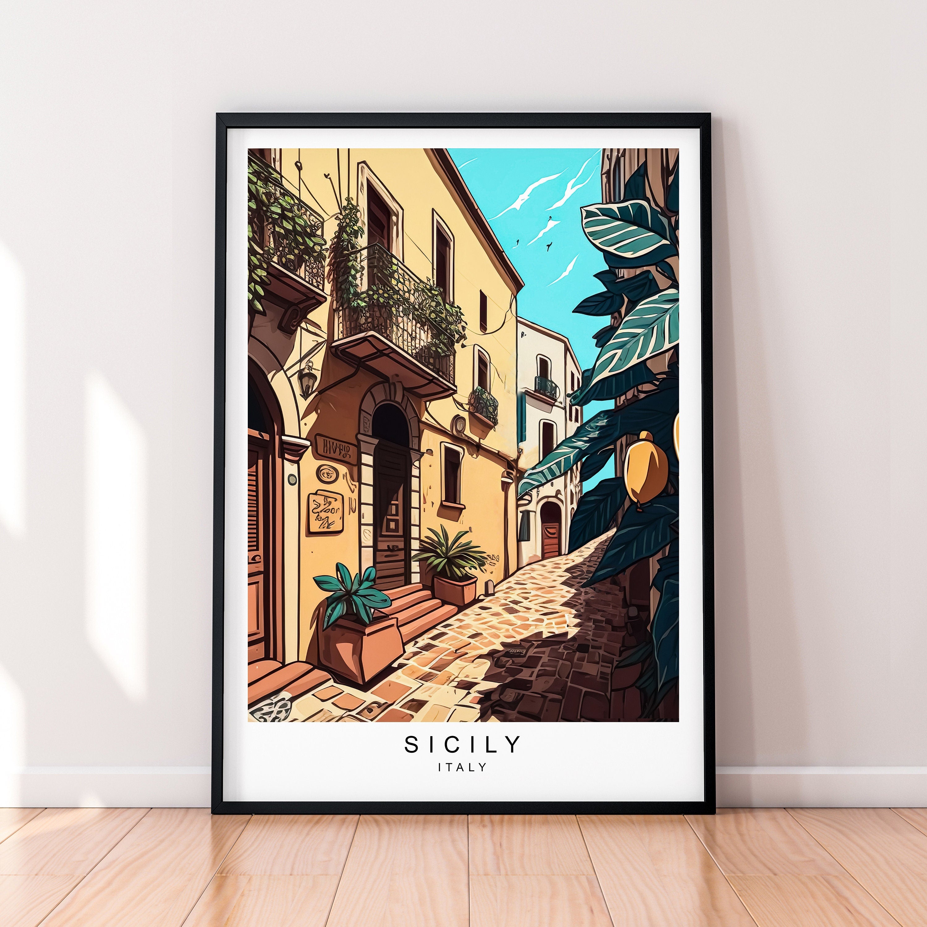 Sicily Italy Print Travel Poster Old Sicily Streets Minimalist Home Travel Colour Poster Wall Decor